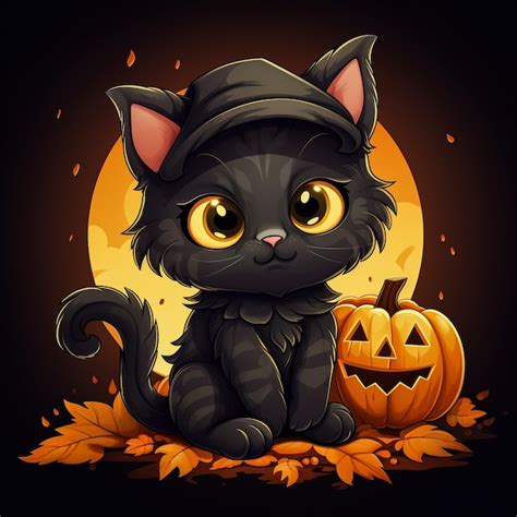 Premium Ai Image Cute Black Cat In A Witch Hat Sitting On A Halloween