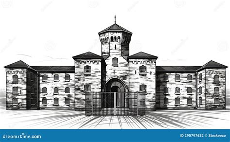 Black And White Illustration Of An Old Prison Gate Royalty Free Cartoon