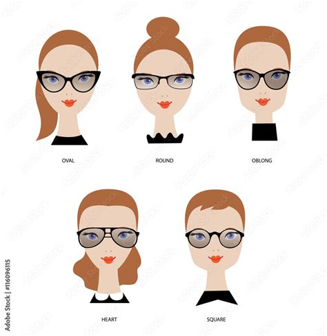 Female face shapes. Woman glasses types. Round, oval, rectangle, square, heart. Beauty Vector ...