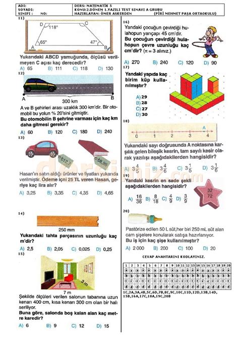 5 Sınıf matematik dersi 2 dönem 1 yazılı sınav soruları ve cevapları A