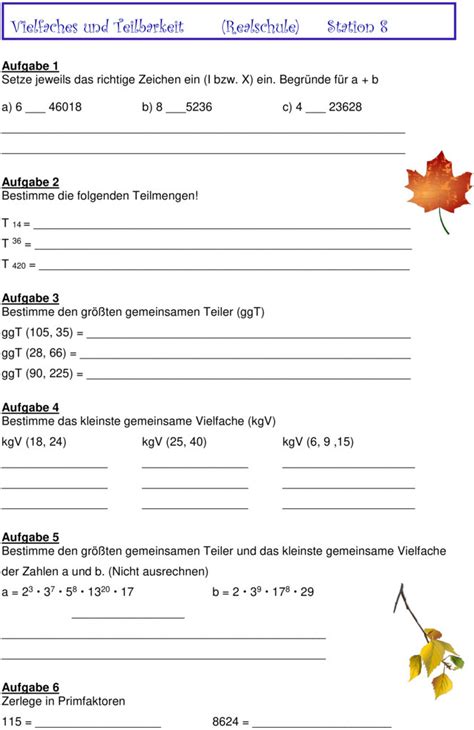 Übungsblatt Zu Teiler Und Vielfache