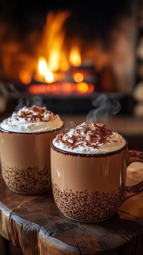 Hot Chocolate With Whipped Cream In Rustic Mugs By The Fire Stock Photo Image Of Rustic