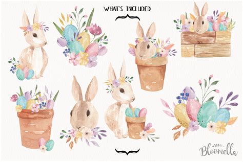 Easter Bunny Watercolor Egg Floral Pastel Bouquets Cute