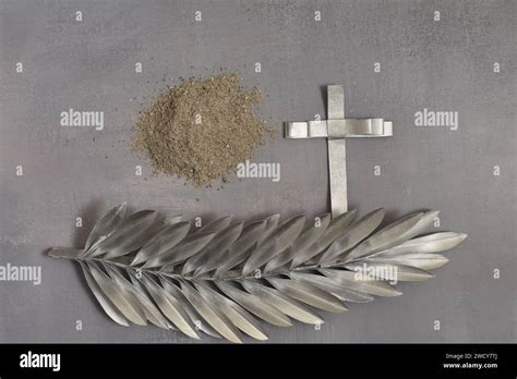 Silver Palm Leaf Cross And Ash On Grey Background Ash Wednesday