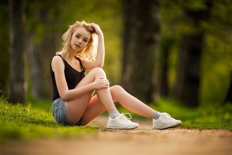 Wallpaper Blonde Jean Shorts Sneakers Sitting Depth Of Field