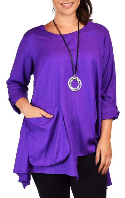 Women Plus Size Swing Tunic Blouse Top With Roll Up Sleeves Purple Up