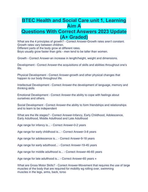 Solution Btec Health And Social Care Unit 1 Learning Aim A Questions And Answers 2023 Updated A