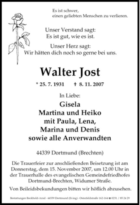 Traueranzeigen Von Walter Jost Trauer In NRW De