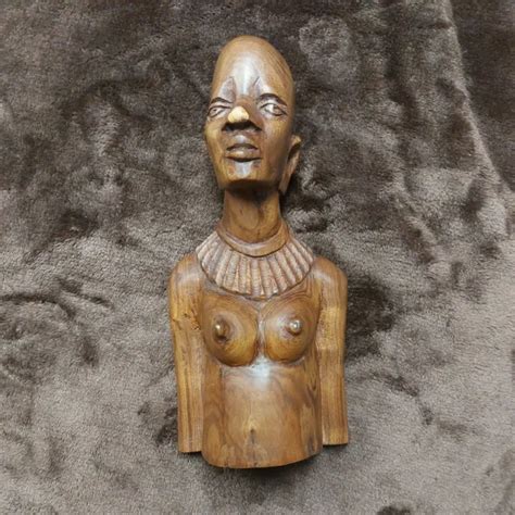 African Tribal Carved Nude Woman Wooden Bust Figure Beautiful