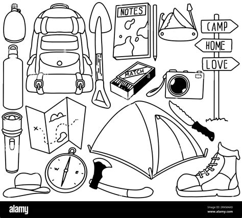 Set Of Doodle Hand Drawn Camping And Outdoor Stuff Collection Isolated