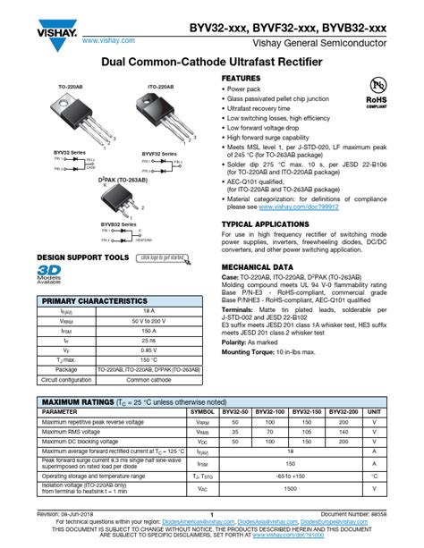 BYVF32 100 Vishay Rectifier Hoja de datos Ficha técnica Distribuidor