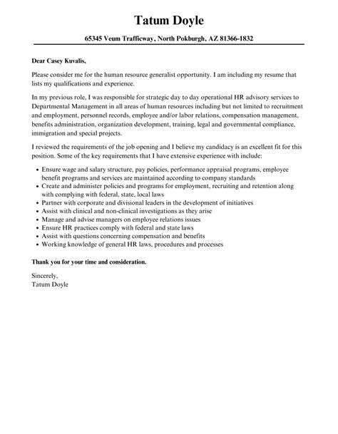 Human Resource Generalist Cover Letter Velvet Jobs