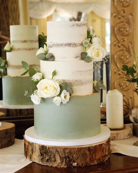 Sage Green And Gold Wedding Cake Semi Naked With Fresh Flowers By