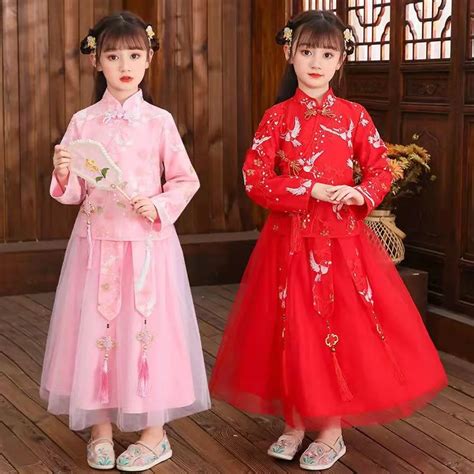 Chinese New Year Girl Dress Red Pink Blue Oriental Costume Chinese