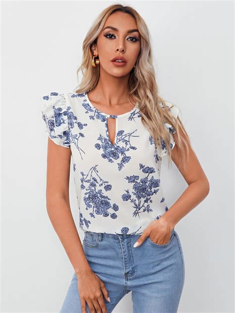 Shein Floral Print Keyhole Front Ruffled Top Blusas Bonitas Blusas