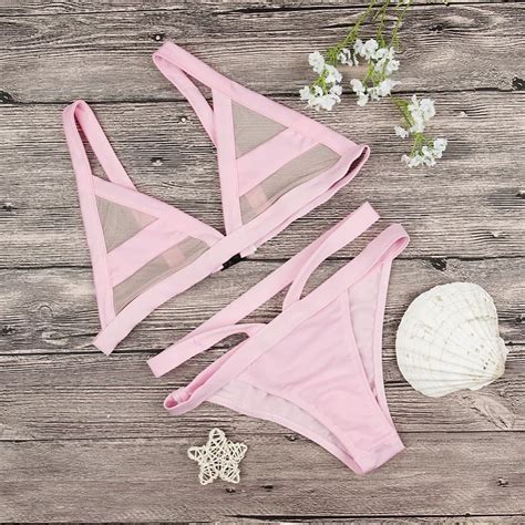 Sexy Mesh Swimwear Women Push Up Bikini Set Pink Plus Size Swimsuit