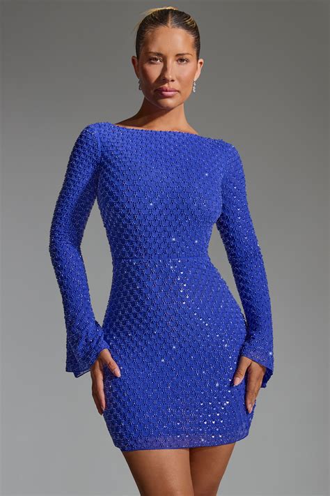 Grazina Embellished Open Back A Line Mini Dress In Cobalt Blue Oh Polly