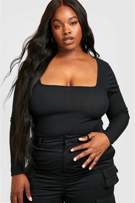 Womens Black Plus Rib Square Neck Bodysuit Boohoo Uk