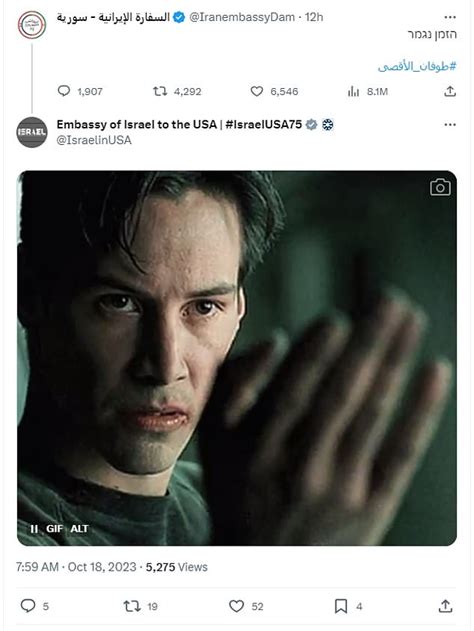 Israeli embassy in US posts meme of Keanu Reeves in The Matrix in response to Iran saying 'time ...