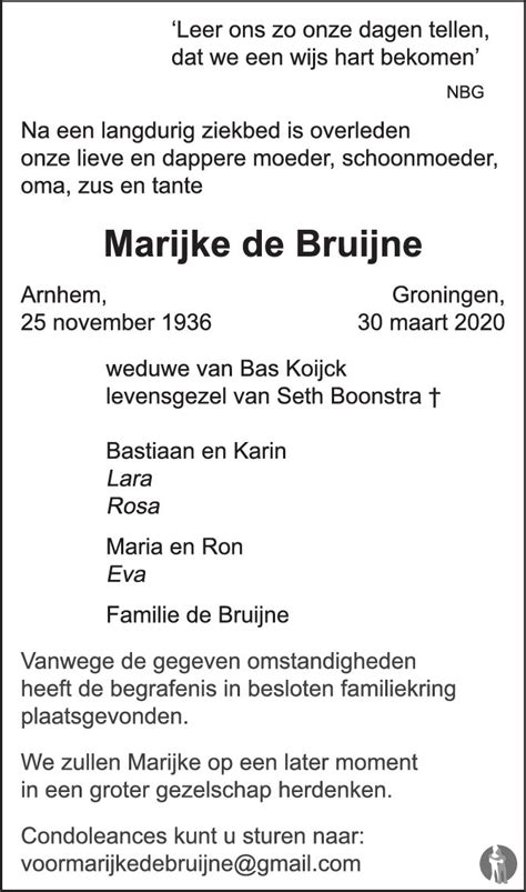 Marijke De Bruijne Overlijdensbericht En Condoleances