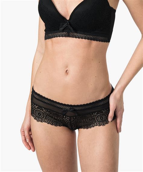 Shorty Femme En Tulle Dentelle Et Gros N Ud De Satin Noir Gemo