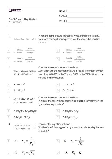 Chemical Equilibrium Worksheets For Th Year On Quizizz Free