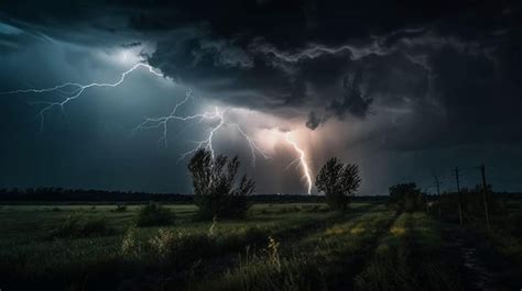 Una Tormenta El Ctrica Sobre Un Campo Con Rboles Y Un Campo En El