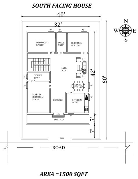 Autocad Drawing File Shows Amazing 40x60 3bhk South Facing House Plan As Per Vastu Shastra