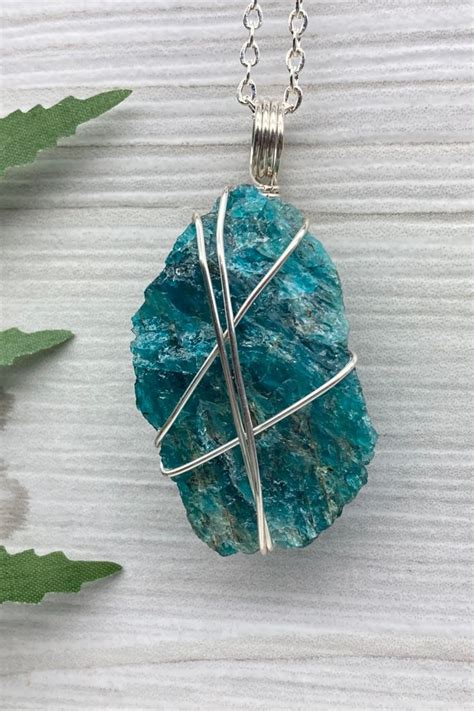 Blue Apatite Necklace Sterling Silver Wire Wrapped Silver Plated