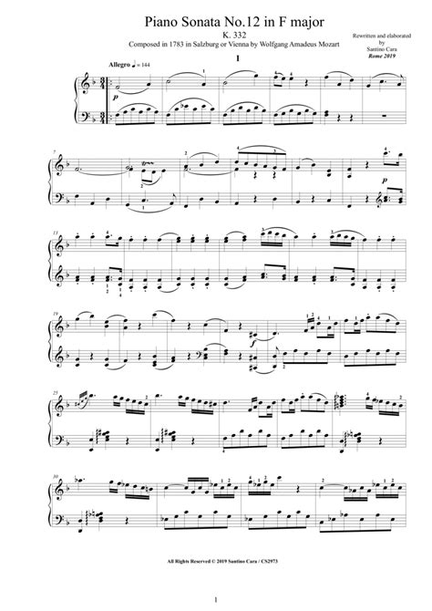 Mozart Piano Sonata No 12 In F Major K 332 Complete Score Arr