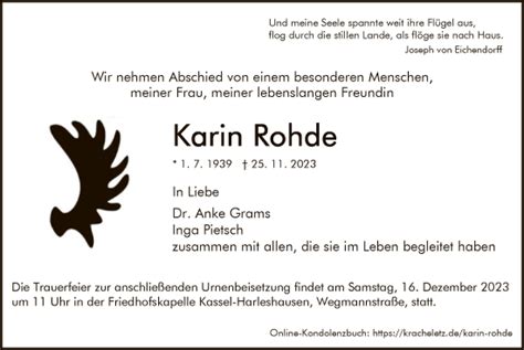 Traueranzeigen Von Karin Rohde Trauer Hna De