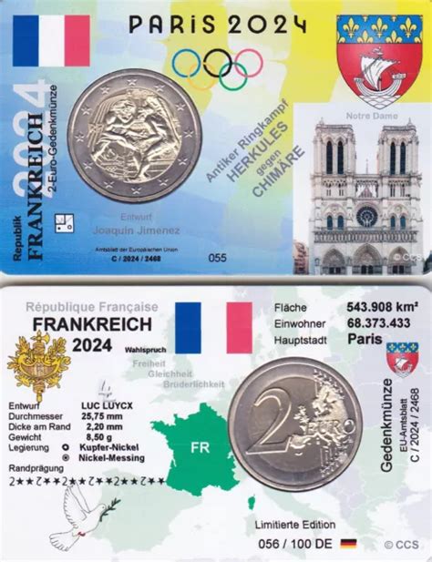 2 EURO GEDENKMÜNZE FRANKREICH 2024 OLYMPIADE Ringkampf in CoinCard