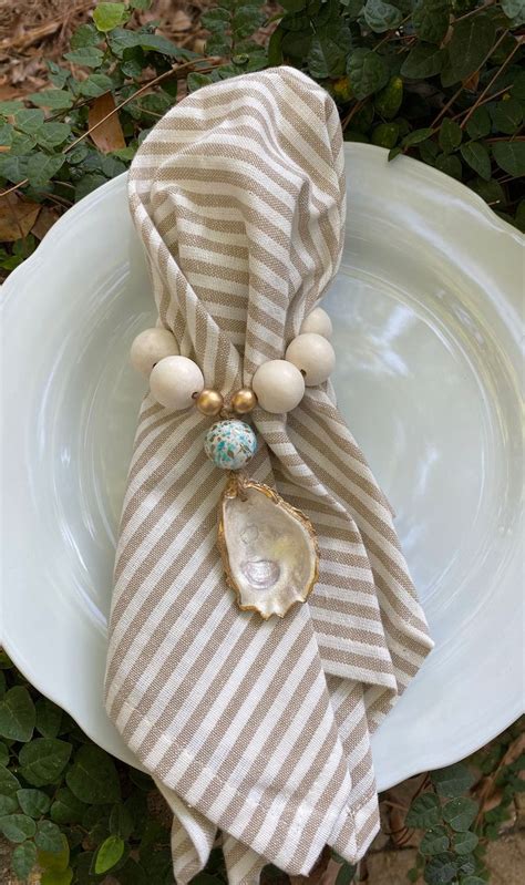 Oyster Beaded Napkin Ring Etsy Shell Crafts Diy Oyster Shell