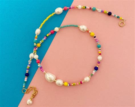 Colorful Beaded Pearl Necklace Real Pearl Collar Necklace90s Bead Necklacey2k Jewelrysummer