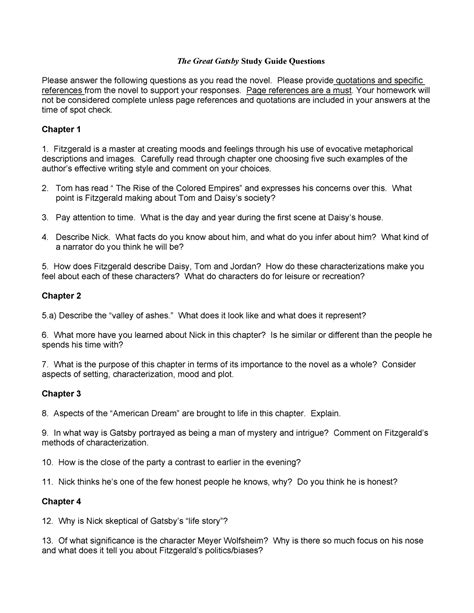 Chapter 20 Questions The Great Gatsby Study Guide Questions Please