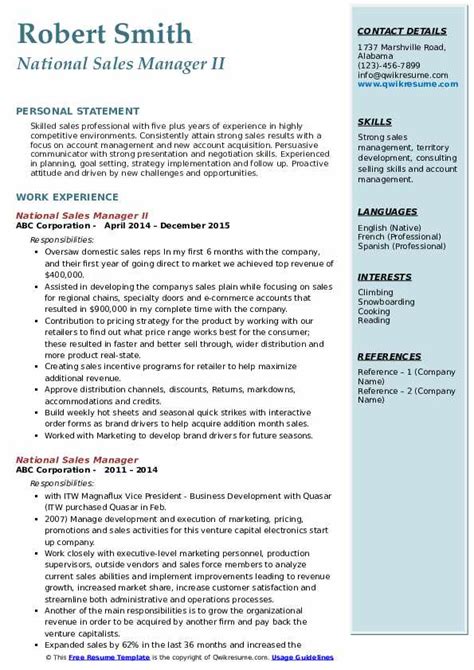 National Sales Manager Resume Samples Qwikresume