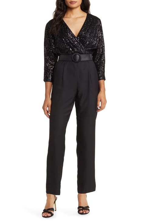 Eliza J Sequin Bodice Mixed Media Jumpsuit Black Editorialist