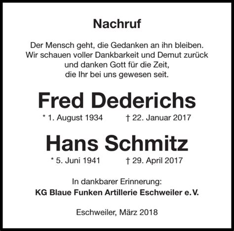 Traueranzeigen Von Fred Dederichs Hans Schmitz Aachen Gedenkt