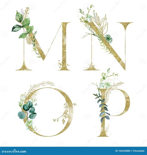 Gold Floral Alphabet Set Letters M N O P With Green Botanic Branch