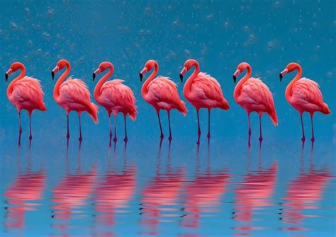 Premium Photo A Group Of Flamingos Are Standing In A Line On The Water