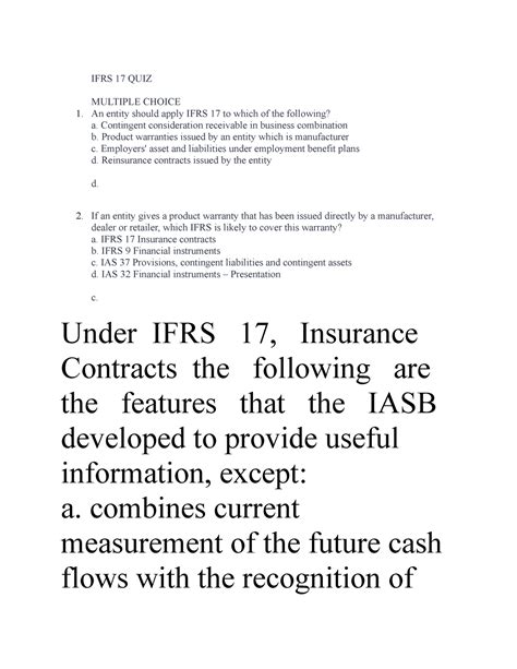 IFRS 17 QUIZ IFRS 17 Insurance Contract IFRS 17 QUIZ MULTIPLE