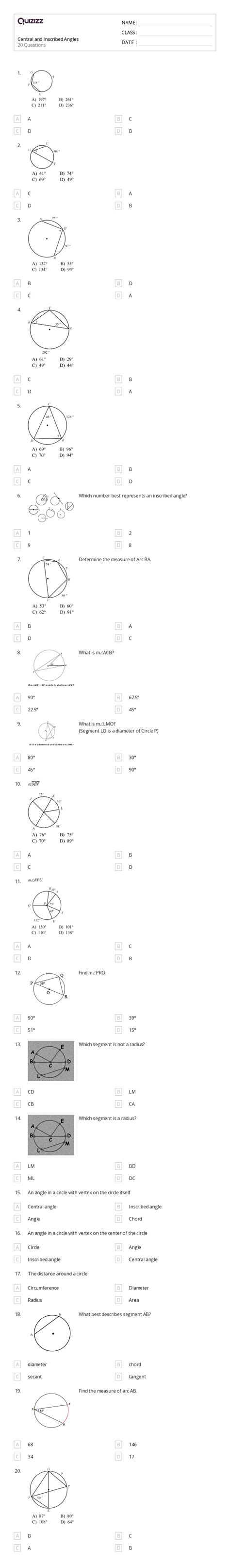 Inscribed Angles Worksheets For Th Year On Quizizz Free Printable