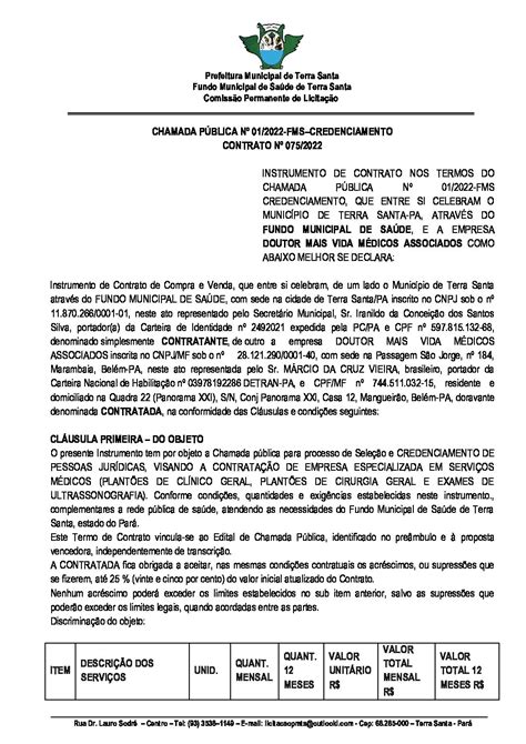 CONTRATO N 75 2022 DR MAIS VIDA ASSINADO Prefeitura Municipal De