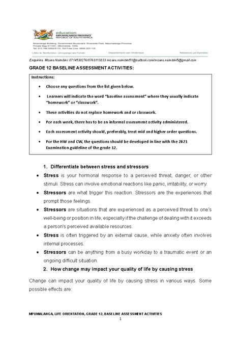 2024 Grade 12 Baseline Assessment Activities MPUMALANGA LIFE