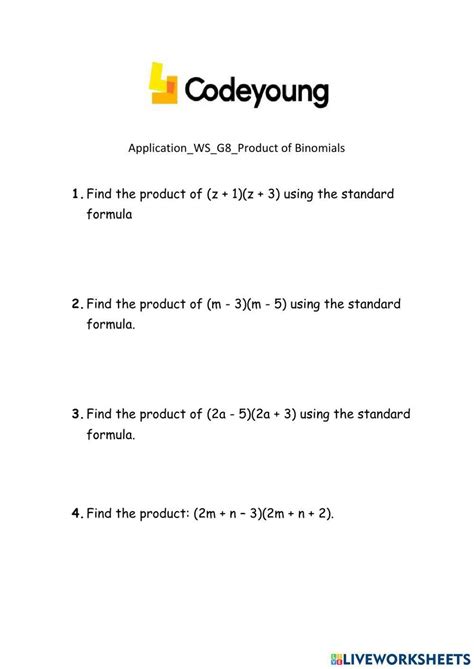 Application Ws G8 Product Of Binomials Worksheet Live Worksheets