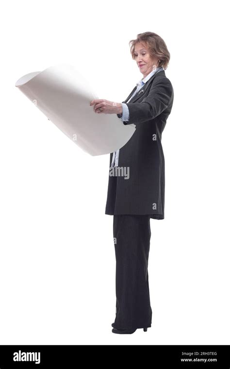 Side View Of Mature Woman Architect Holding Rolled Up Blueprints Stock
