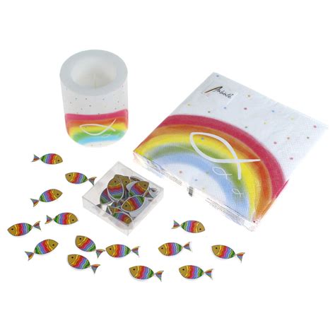 Tischdeko Kommunion Konfirmation Regenbogen Rainbow Kerze Servietten