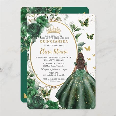 Emerald Green Floral Princess Dress Quincea Era Invitation Zazzle