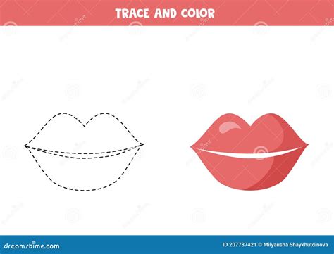 Trace And Color Cartoon Lips Or Kiss Funny Worksheet For Valentine Day