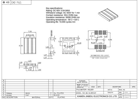 Bc 14 3pd127 1 Spring Battery Connector 3 Position Smd